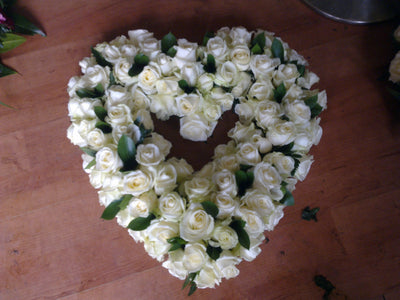 open heart wreath  roses white